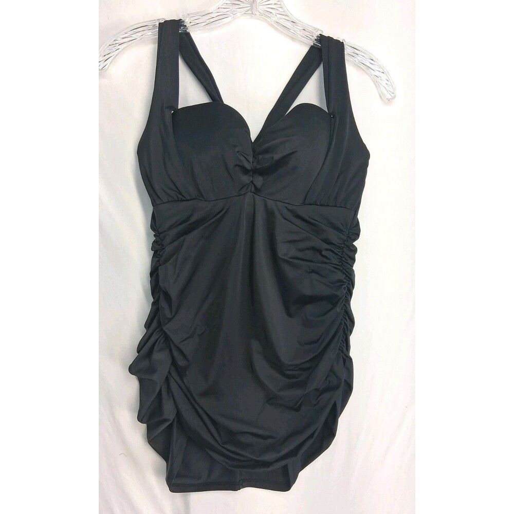 Cacique Swimsuit Womens Size 14 Black Ruched One Piece Beach Resortwear Vacation